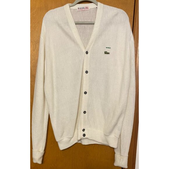 Vintage Izod Of London Lacoste Sweater XL IVORY WHITE Crocodile Grandpa Cardigan - Picture 1 of 5